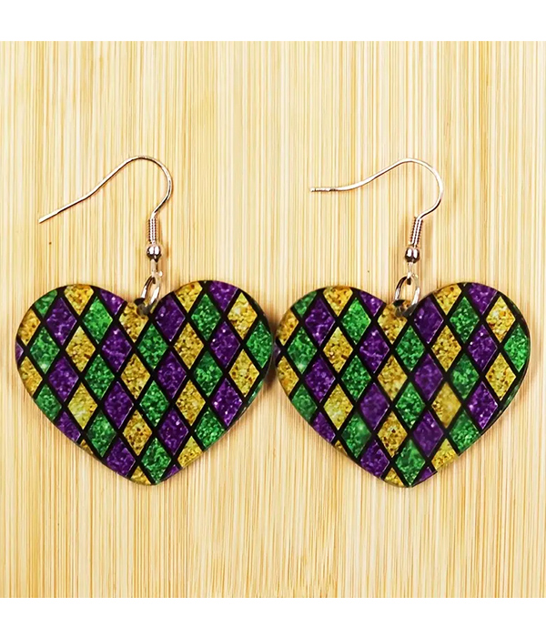 Mardi gras theme acrylic heart earring