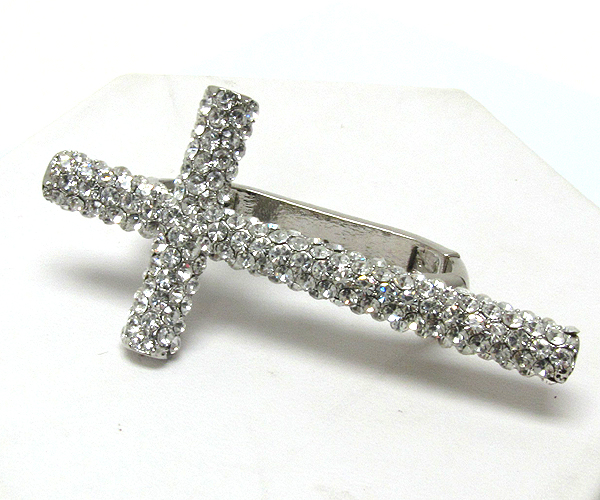 Crystal cross dual finger stretch ring