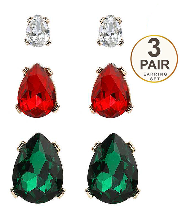 Teardrop glass 3 pair earring set