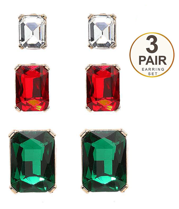 Square glass 3 pair earring set