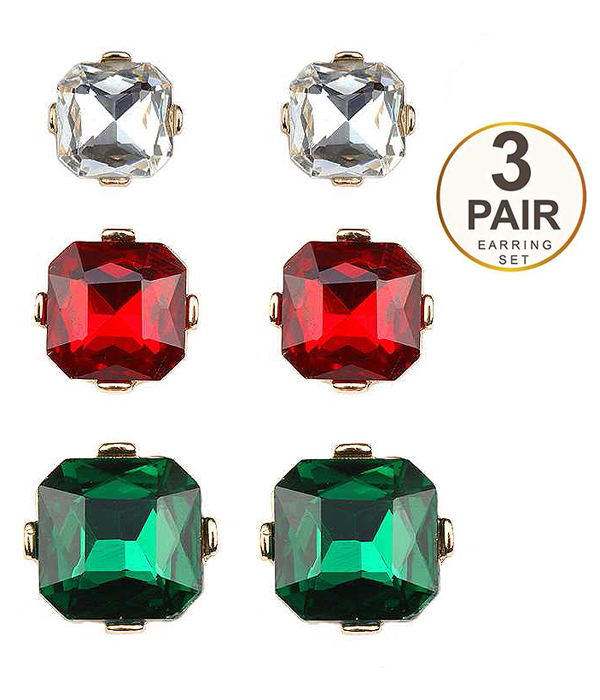 Cabochon square glass 3 pair earring set