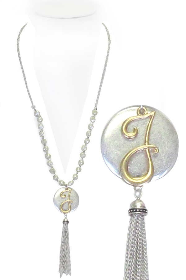 Monogram and tassel drop long pearl necklace - j