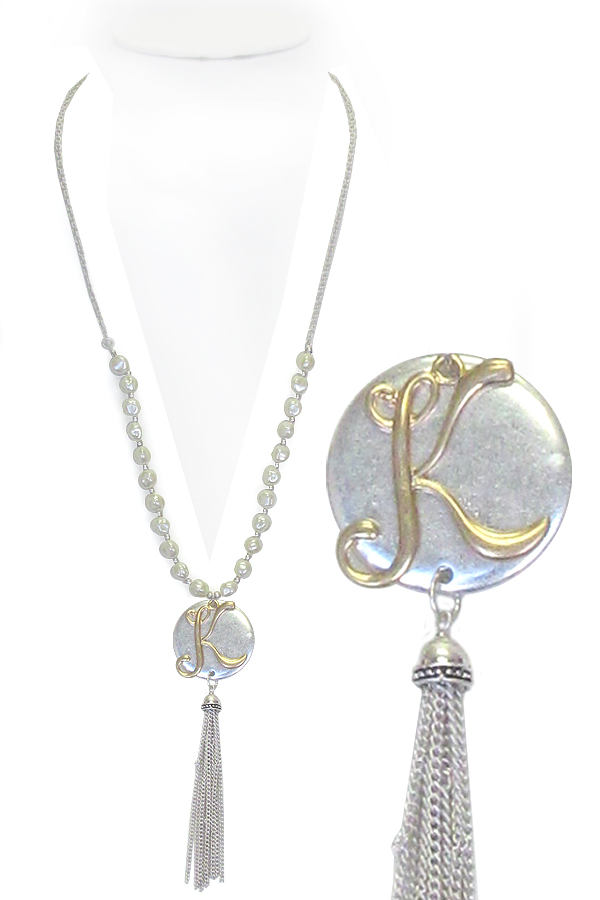 Monogram and tassel drop long pearl necklace - k