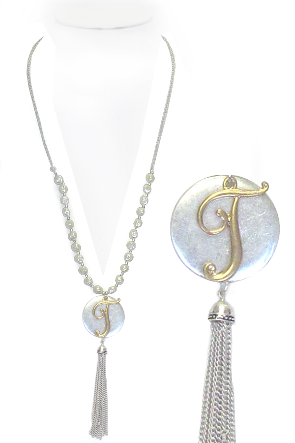 Monogram and tassel drop long pearl necklace - t