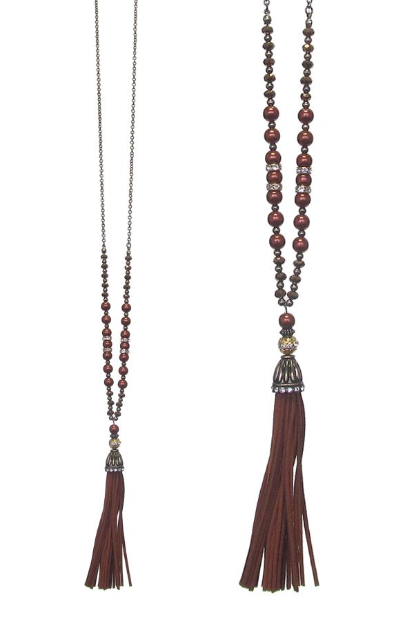 LEATHER TASSEL DROP AND MULTI BEAD MIX LONG NECKLACE