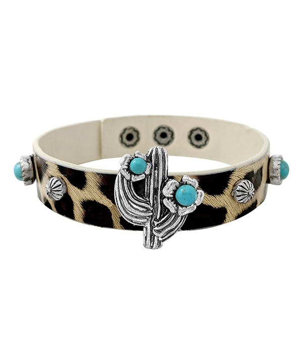 Western theme turquoise and animal print bracelet - cactus