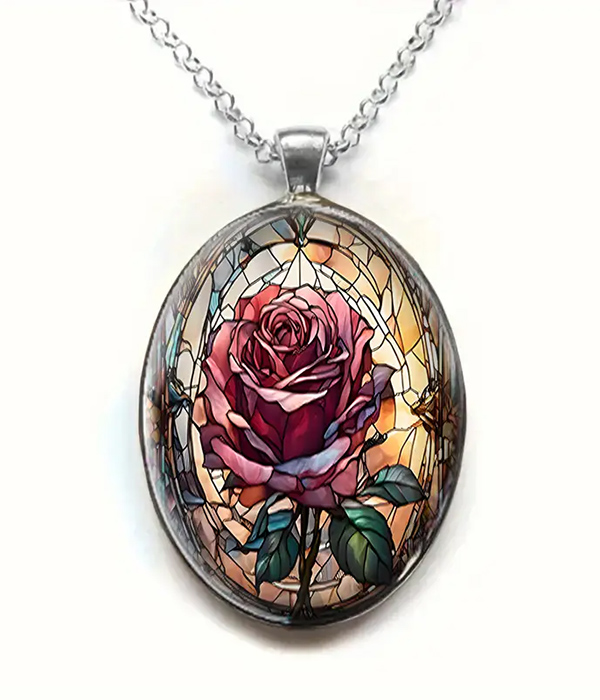 Stained glass inspired rose flower pendant necklace