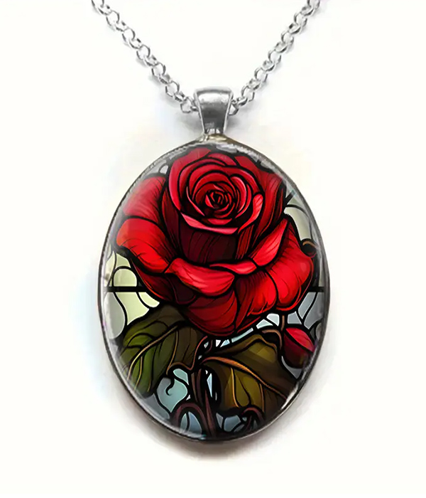 Stained glass inspired rose flower pendant necklace