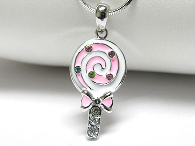 Whitegold palting crystal and epoxy miniature lollipop pendant necklace