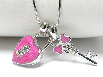 Whitegold palting crystal and epoxy key and heart lock dual pendant necklace -valentine