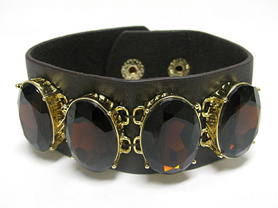 Large facet simulated stone leather band bracelet 