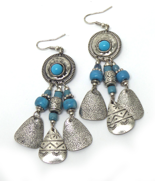 Textured metal with turquoise stone fish hook earrings