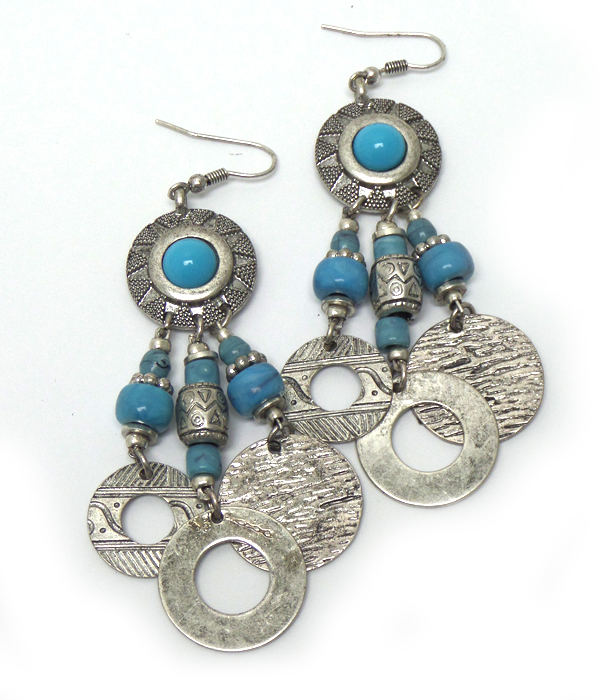 Textured metal with turquoise stone fish hook earrings