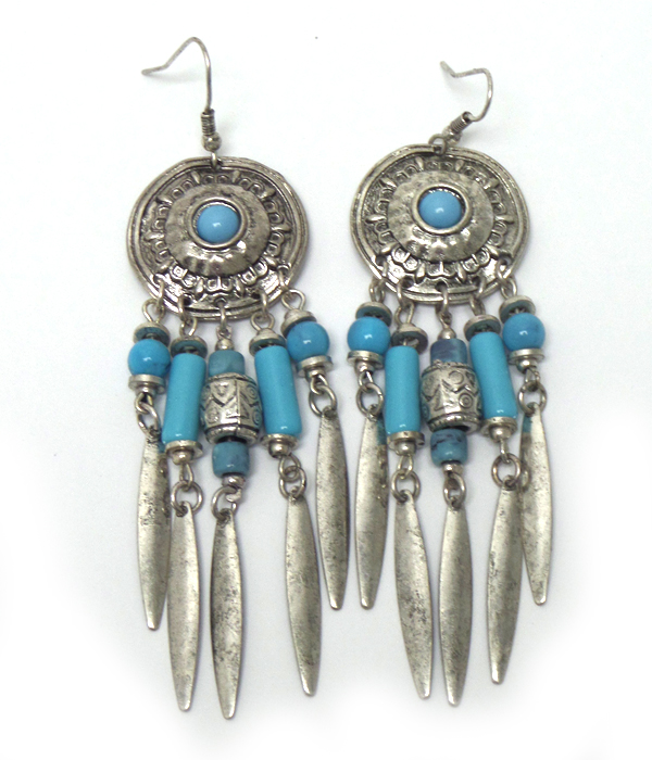 Textured metal with turquoise stone fish hook earrings