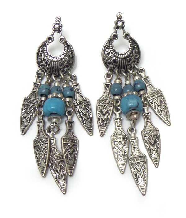 Textured metal with turquoise stone fish hook earrings
