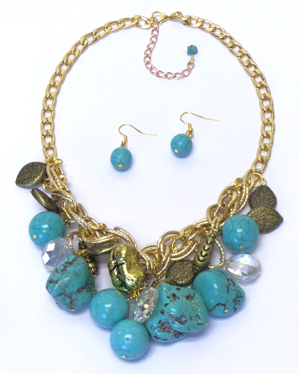 Multi turquoise and metal bead dangle drop necklace set