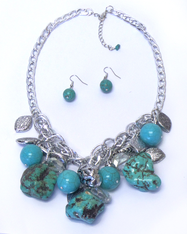 Multi turquoise and metal bead dangle drop necklace set