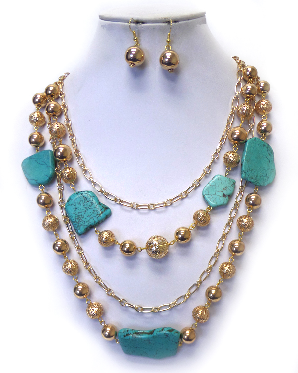 Turquoise and metal ball mix 4 layer necklace set