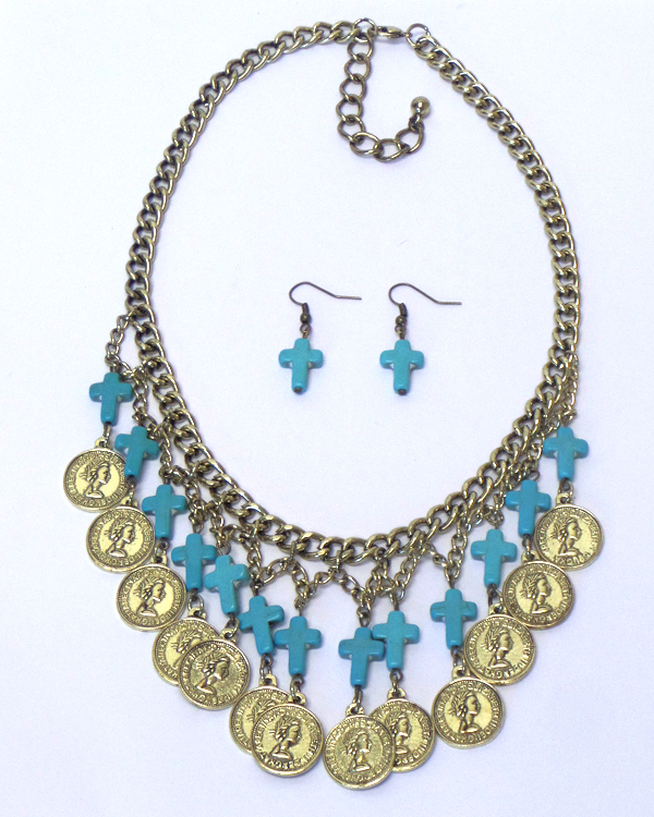 MULTI TURQUOISE CROSS AND COIN DROP NECKLACE SET