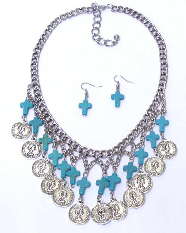 MULTI TURQUOISE CROSS AND COIN DROP NECKLACE SET