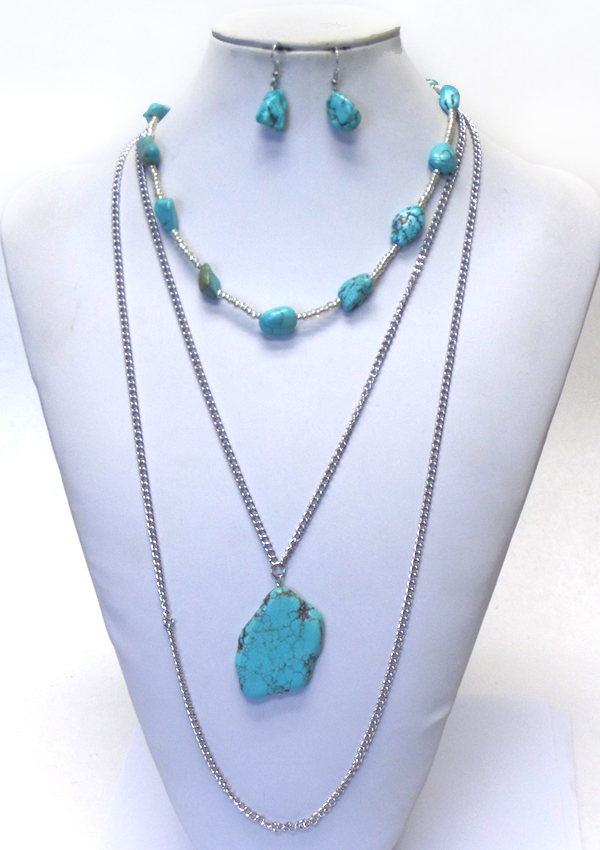 Turquoise and 3 layer chain long necklace set