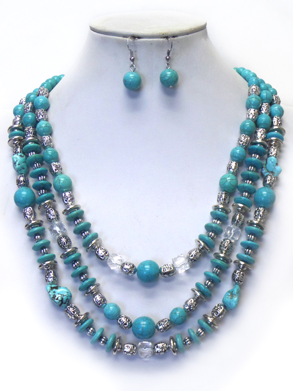 Turquoise ball and metal bead mix 3 layer necklace set