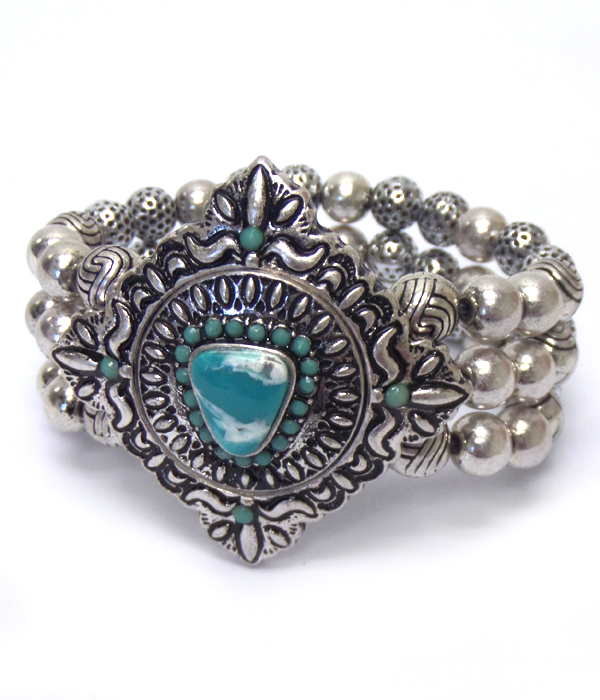 Turquoise center metal ball stretch bracelet