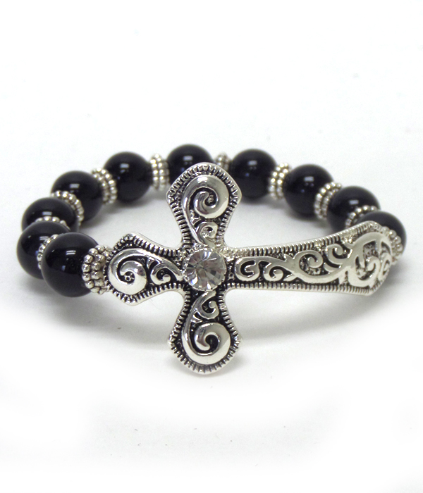 Jet ball stone with textured cross bracelet