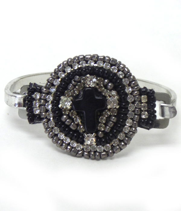 Tribal look multi layer crystal and beads cross round bangle bracelet 