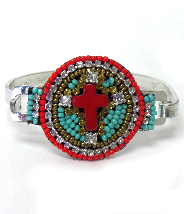 Tribal look multi layer crystal and beads cross round bangle bracelet 