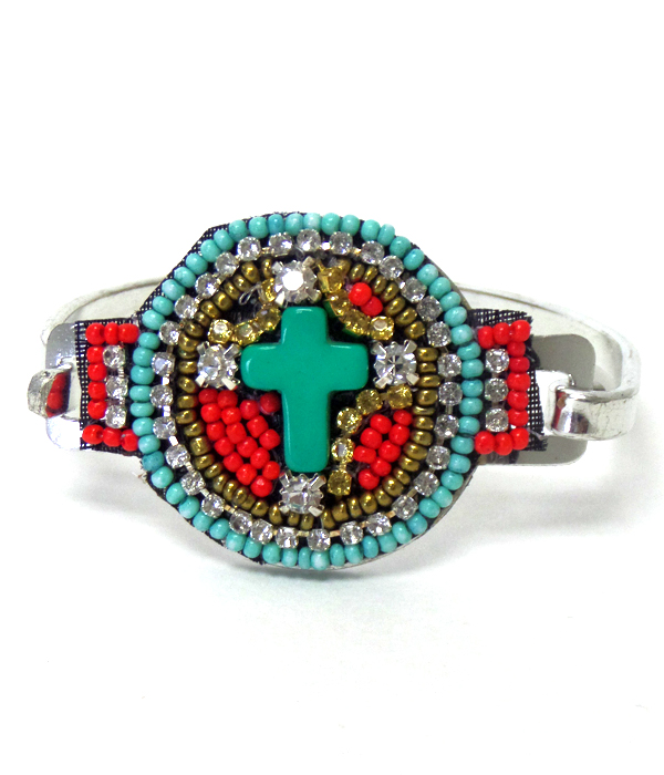 Tribal look multi layer crystal and beads cross round bangle bracelet