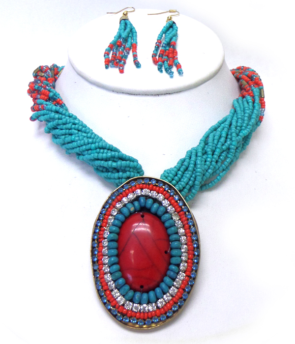 Tribal look twisted multi bead with oval pendant necklace set