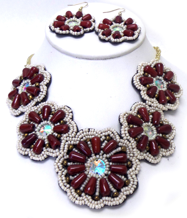Tribal look linked beaded flowers bib necklace set
