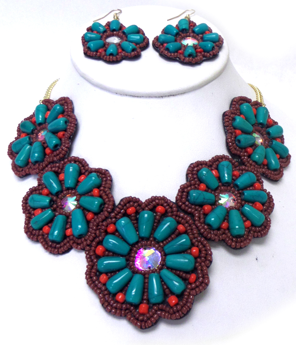 Tribal look linked beaded flowers bib necklace set