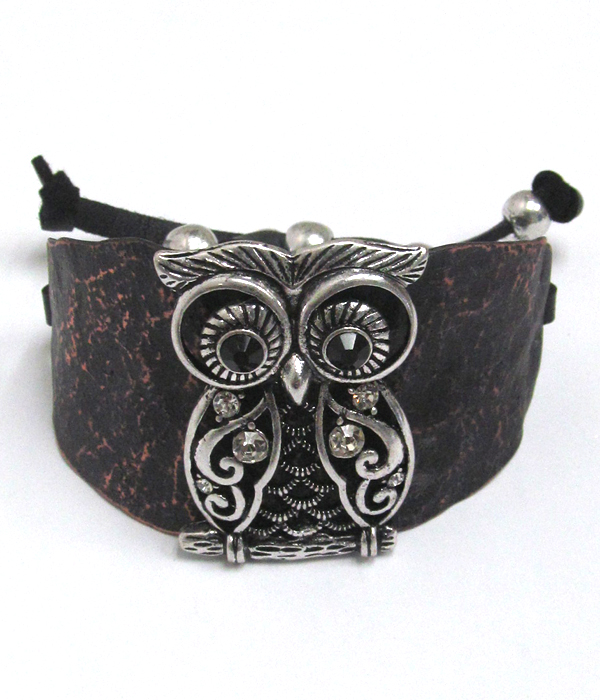 Textured metal pull and tie owl bracelet 