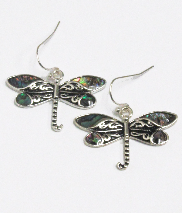 ABALONE  DRAGONFLY FISH HOOK EARRINGS