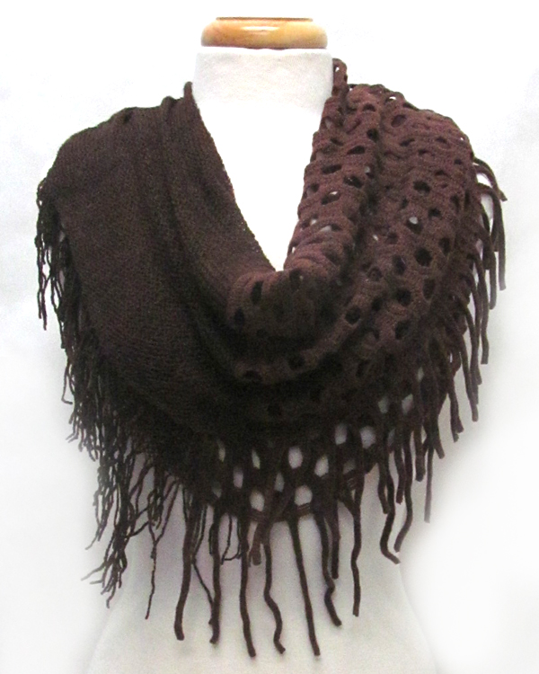 Multi style fringe with tassel drop infinity scarf 
