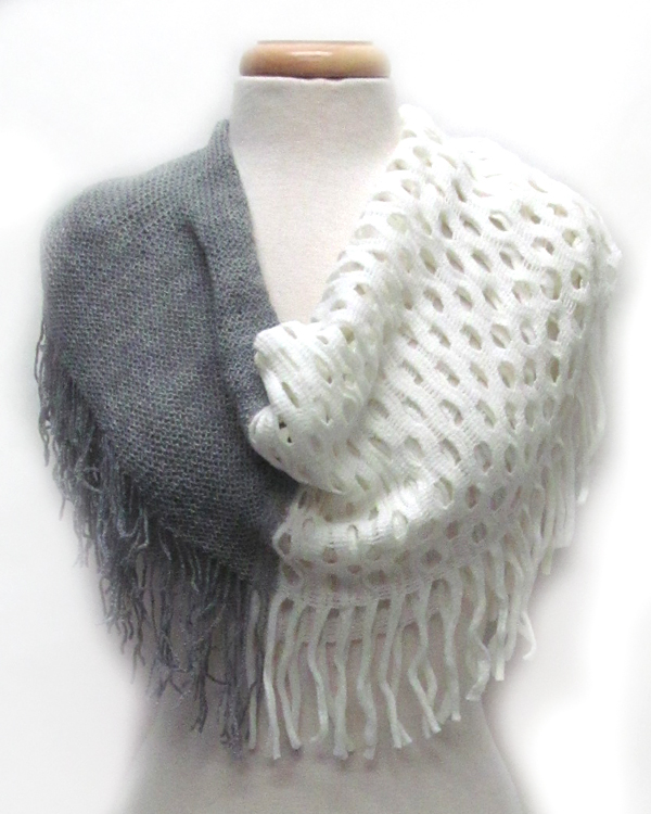 Multi style fringe with tassel drop infinity scarf