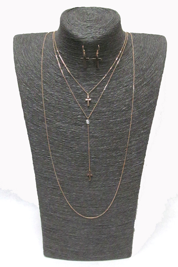 3 layer cross drop necklace set 