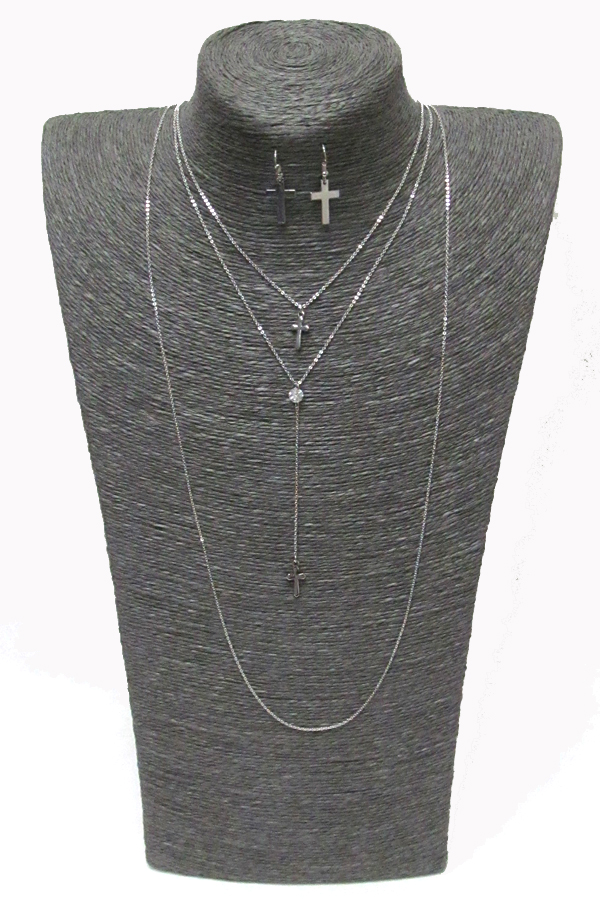 3 layer cross drop necklace set 