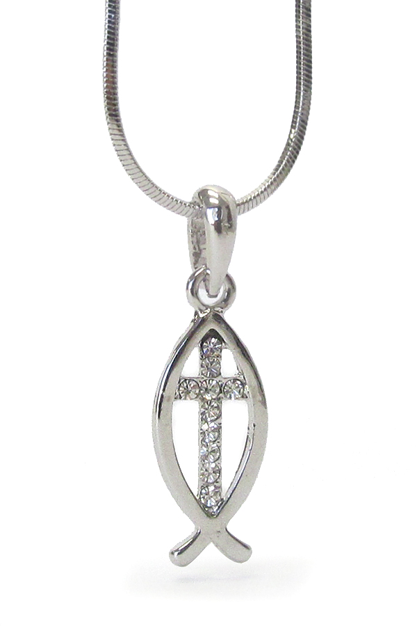 WHITEGOLD PLATING CRYSTAL CHRISTIAN FISH AND CROSS  PENDANT NECKLACE