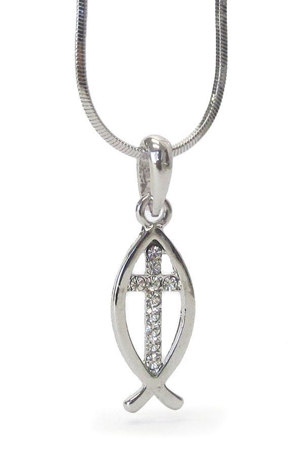 Made in korea whitegold plating crystal christian fish and cross  pendant necklace
