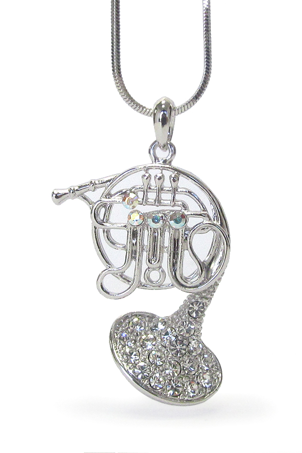 WHITEGOLD PLATING CRYSTAL MUSIC THEME HORN PENDANT NECKLACE