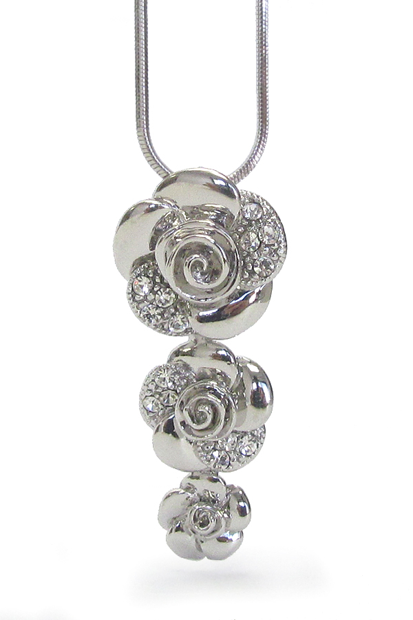 Made in korea whitegold plating crystal three flower drop pendant necklace