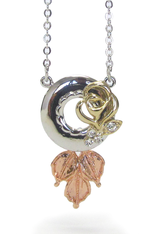 Made in korea whitegold plating crystal flopwer and leaf pendant necklace