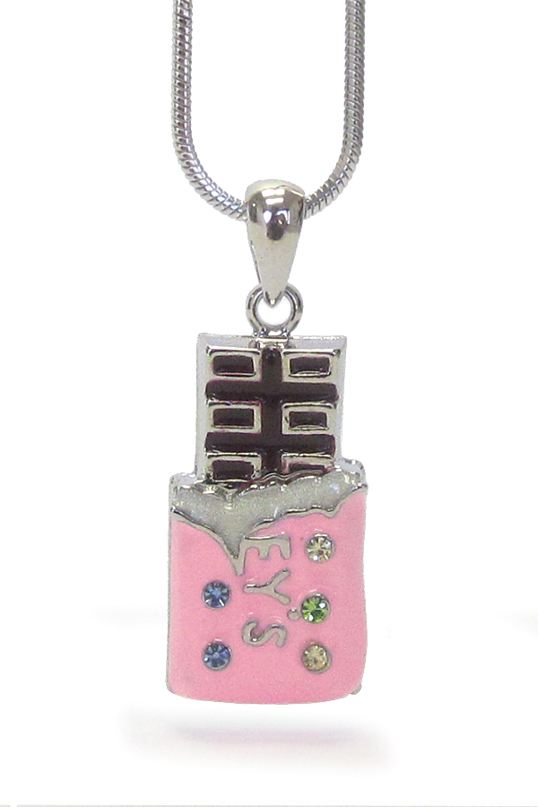 Whitegold palting crystal and epoxy miniature chocolate pendant necklace -valentine