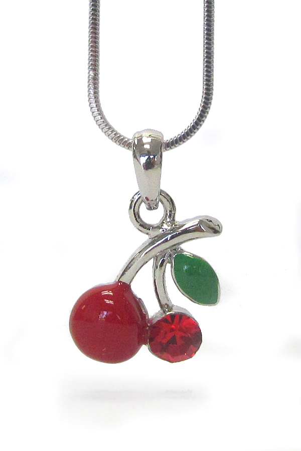 Made in korea whitegold plating crystal and epoxy cherry pendant necklace
