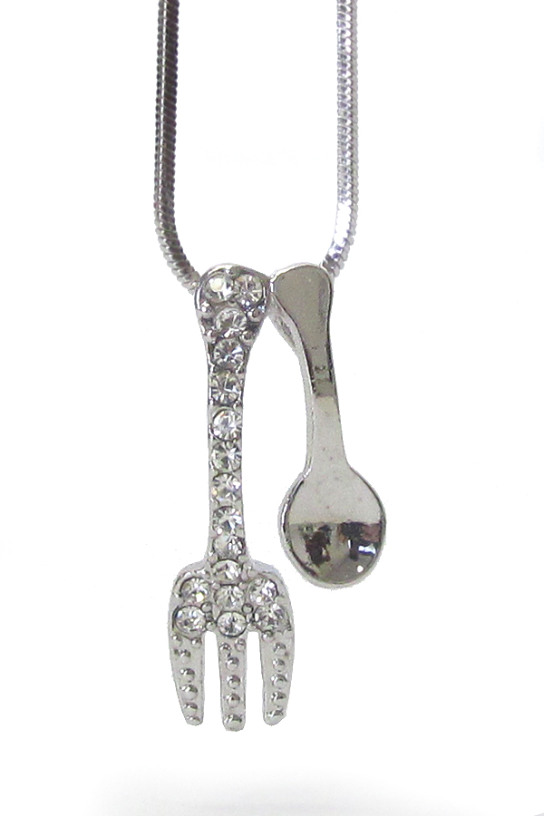 WHITEGOLD PLATING CRYSTAL SPOON FORK  PENDANT NECKLACE