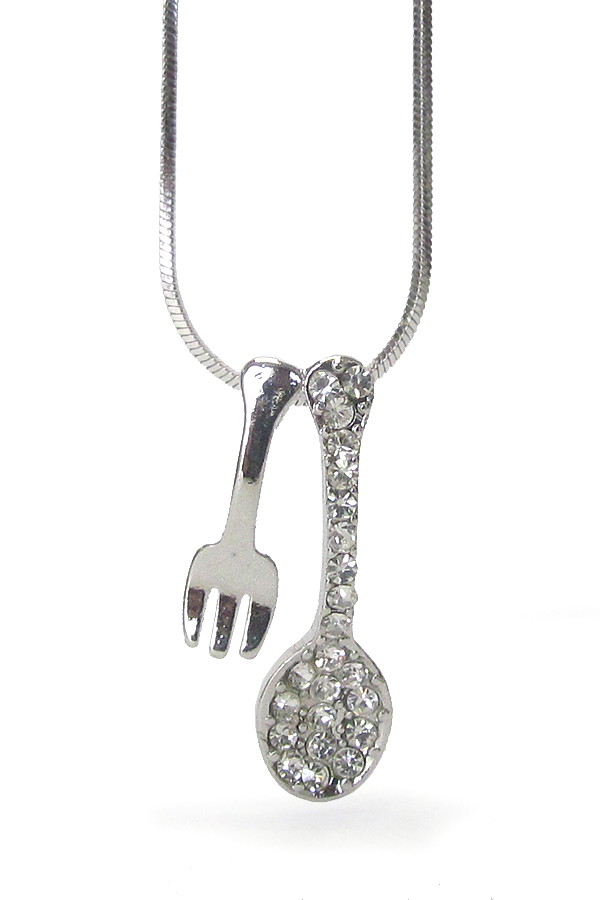 WHITEGOLD PLATING CRYSTAL SPOON FORK  PENDANT NECKLACE