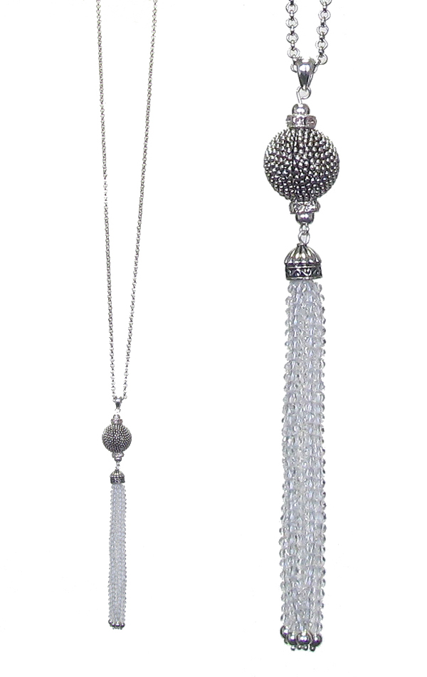 METAL BALL AND GLASS BEAD TASSEL DROP LONG NECKLACE